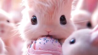 Little bunny eating ice-cream and different food and enjoying