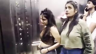 Too much fun in lift fake call for girls laughing and entertaining