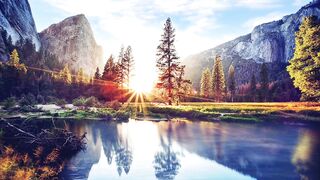 Mountain sunset river
