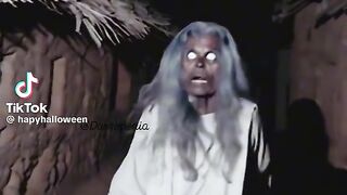 Old woman night run in road full horror face