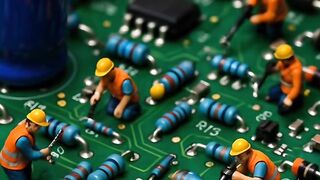 Many employees working together to fix a motherboard