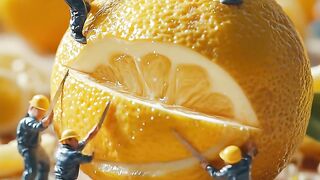 Many worker's cutting the Orange for juice.This video create with AI