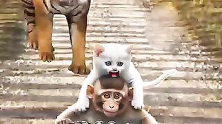 Cute kitten and monkey run from tiger ___catvideos _cutecats