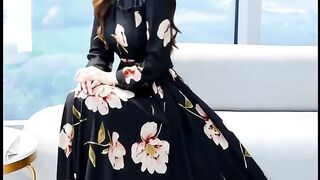 elegant women's long sleeve v-neck a-line dress with floral print & hem - machine washable versatile casual to formal wear, , formal attire, design,