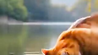 An orange cat caught a fish and now it's cooked and eaten.