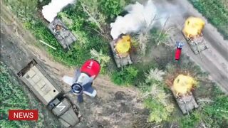 Footage Ukraine drones dropping bombs above tanks battle T-72 main Russian up in pieces