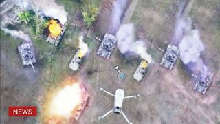 Ukrainian Troops use Drone Grenades Destroy Russian Tanks Armored Vehicles