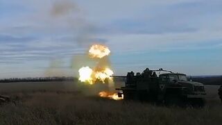 Ukrainian MT-LB with a ZU-23-2 cannon and a Ural truck with an S-60 cannon being used in ground attack mode