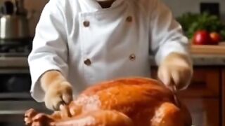 Cat cooking chicken