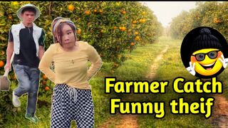 Asian funny girl stole fruits in the garden/The farmer catch him
