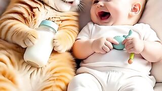 Cute baby smile with cute cat ????