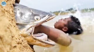 Dream fishing by fisher man in river, catching big underground fish like monster.