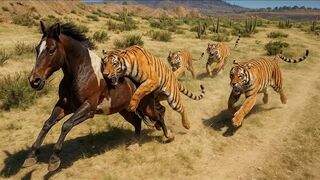Horse Is Being Chased by Four Hungry Tigers In The Desert.