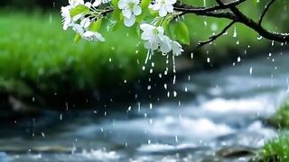 Cherry Blossoms in Full Bloom: Serene White Petals & Tranquil Stream