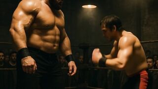 An intense Wrestling standoff animation in a pro ring under dramatic arena lighting.