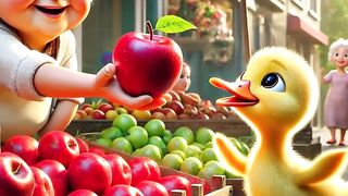 Cute duck accidentally dropped an apple on the ground