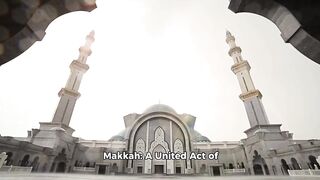 A sunrise over the Kaaba, with birds flying]