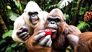 Two monkey friends having fun and eating in the forest