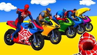 الأبطال الخارقين على القضبان دوامة قمع جسر ????️????️ RAINBOW SPIDER MAN! on Motorcycle in Spiral Bridge
