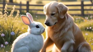 A medium-sized golden retriever and a  fluffy white rabbit sitting side by side in a  grassy meadow during golden hour.