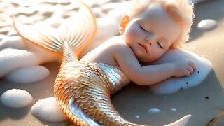 A tiny Baby Mermaid sleeping peacefully on a sandy beach