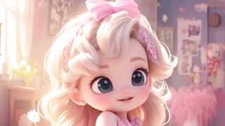 "Cute blonde cartoon girl in a pink dress."
