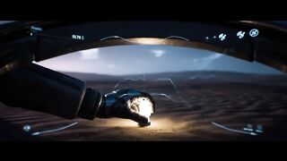 Wide cinematic shot of a lone astronaut walking slowly across an alien landscape for the first time.