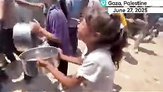 Heartbreaking Scene: Palestinian Girl Struggles for Food Amid Crowd