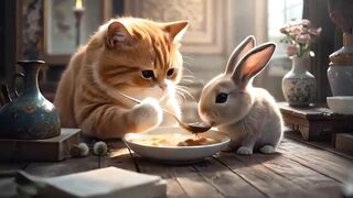 Sweet cat and rabbits