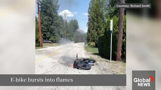 Shocking Moment BC Man's E-Bike Explodes in Flames Caught on Camera