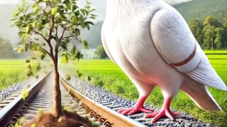 Big pigeon pours water on a plum tree drying up in the hot sun on the railway track  ai pigeon