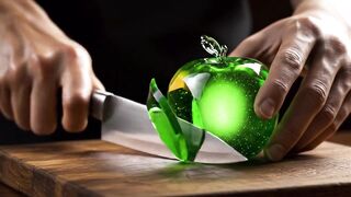 Stylish Cutting of Glass Green Apple  Strawberry  Satisfying ASMR Art