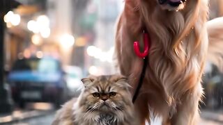 Doggy with cute catty in rainy