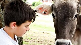 A boy cut grass and play with him cow