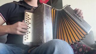 Uma concertina velhinha a tocar muito bem nas mãos do Miguel Vieira.