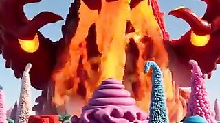 Amassiveorangehabanerobeastwithvolcanocratersonitsheaderuptsinfury,meltingthecandy.