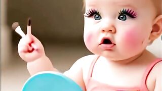 Cute baby laughing at makeup