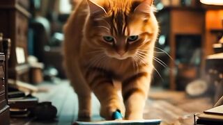 Orange cat sweeping