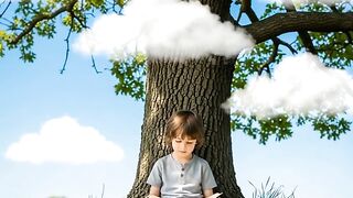 Cute boy sitting under tree