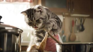 The Cat is Cooking, Ready to Eat the Chicken!