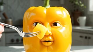 A human hand gently feeds a small piece of the same fruit into the fruit