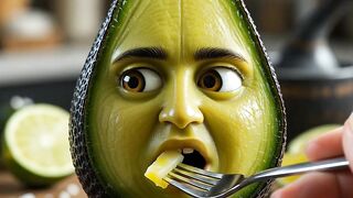 A human hand gently feeds a small piece of the same fruit into the fruit 2