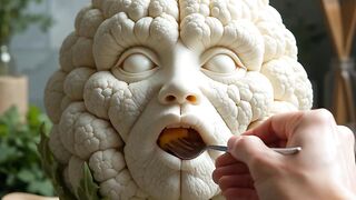 A human hand gently feeds a small piece of the same fruit into the fruit characters mouth