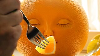 A human hand gently feeds a small piece of the same fruit into the fruit characters mouth 2