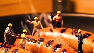 Tiny Workers Assemble a Giant Hotdog!