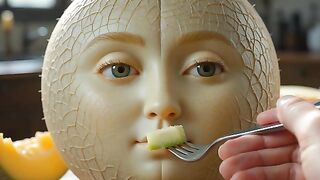 A human hand gently feeds a small piece of the same fruit into the fruit 4