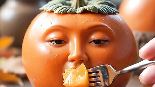 A human hand gently feeds a small piece of the same fruit into the fruit 5
