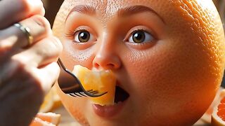 A human hand gently feeds a small piece of the same fruit into the fruit 6