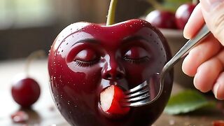 A human hand gently feeds a small piece of the same fruit into the fruit 7
