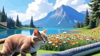 Cat wants kill snake but runs back of fer its large body